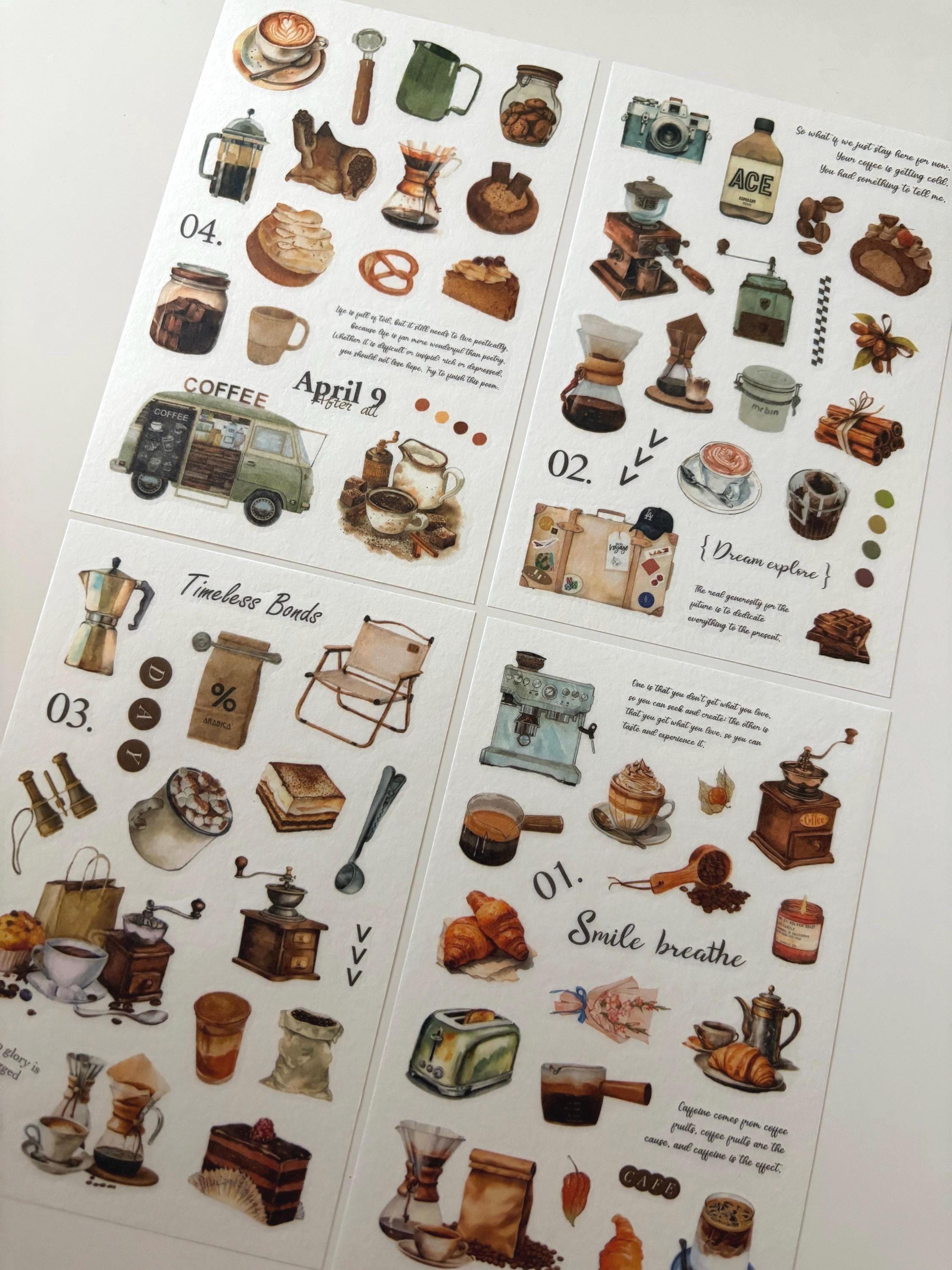 Coffee Washi Stickers - Dark Academia Journaling, Planner (Set of 4 Sheets)