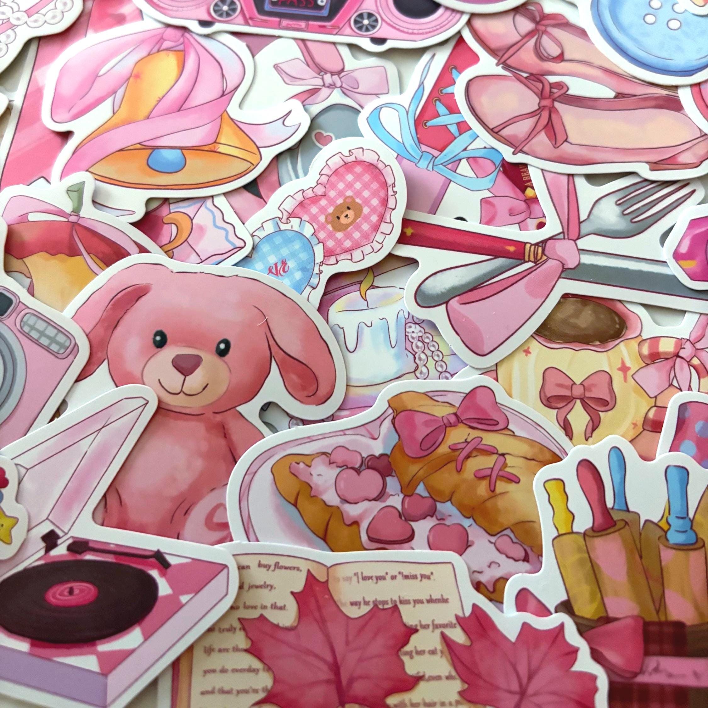 50pcs Japanese Retro Pink Kawaii Sticker Pack – Cute Vinyl Stickers for Journals, Planners, Laptops & Scrapbooking