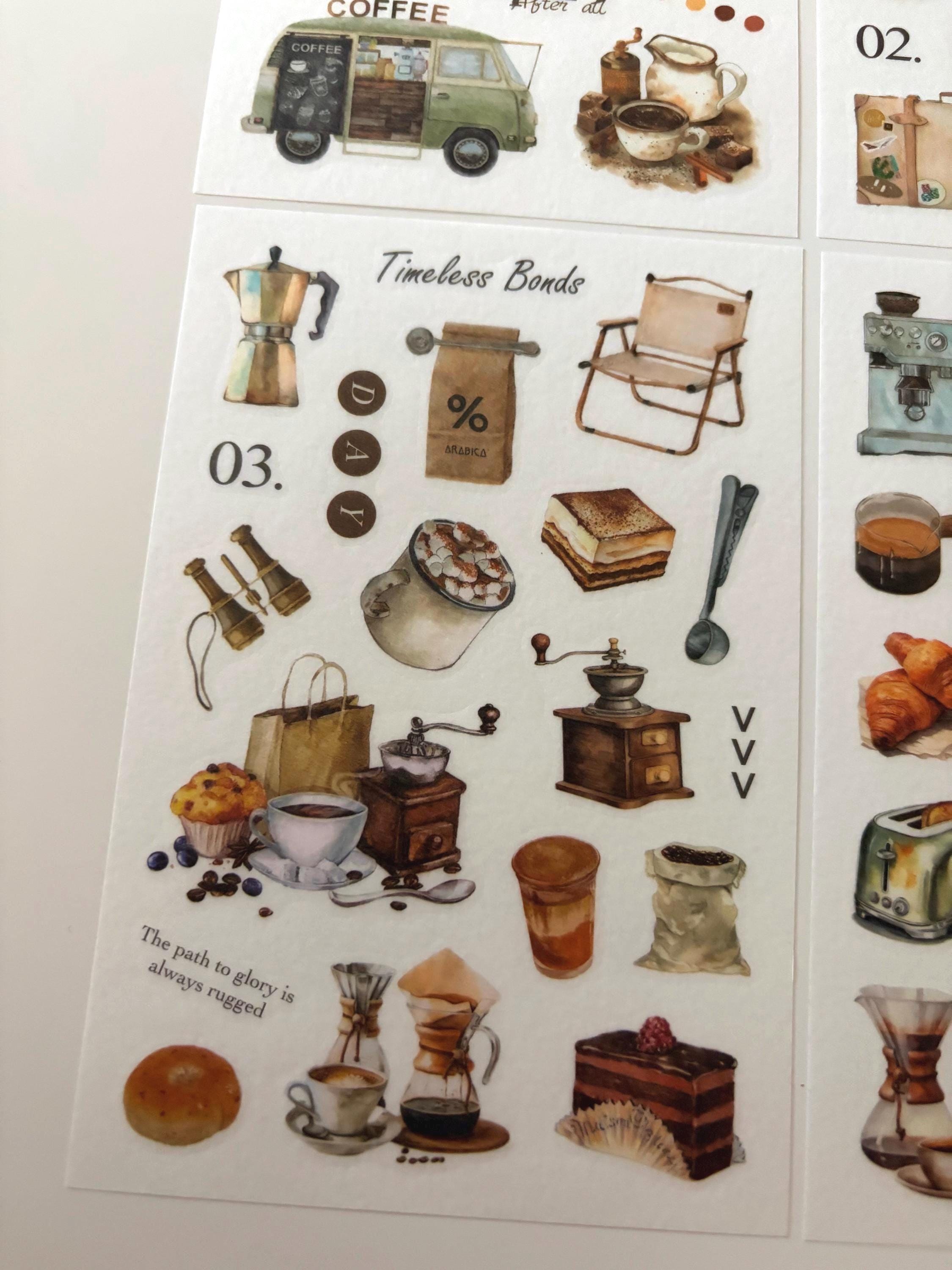 Coffee Washi Stickers - Dark Academia Journaling, Planner (Set of 4 Sheets)