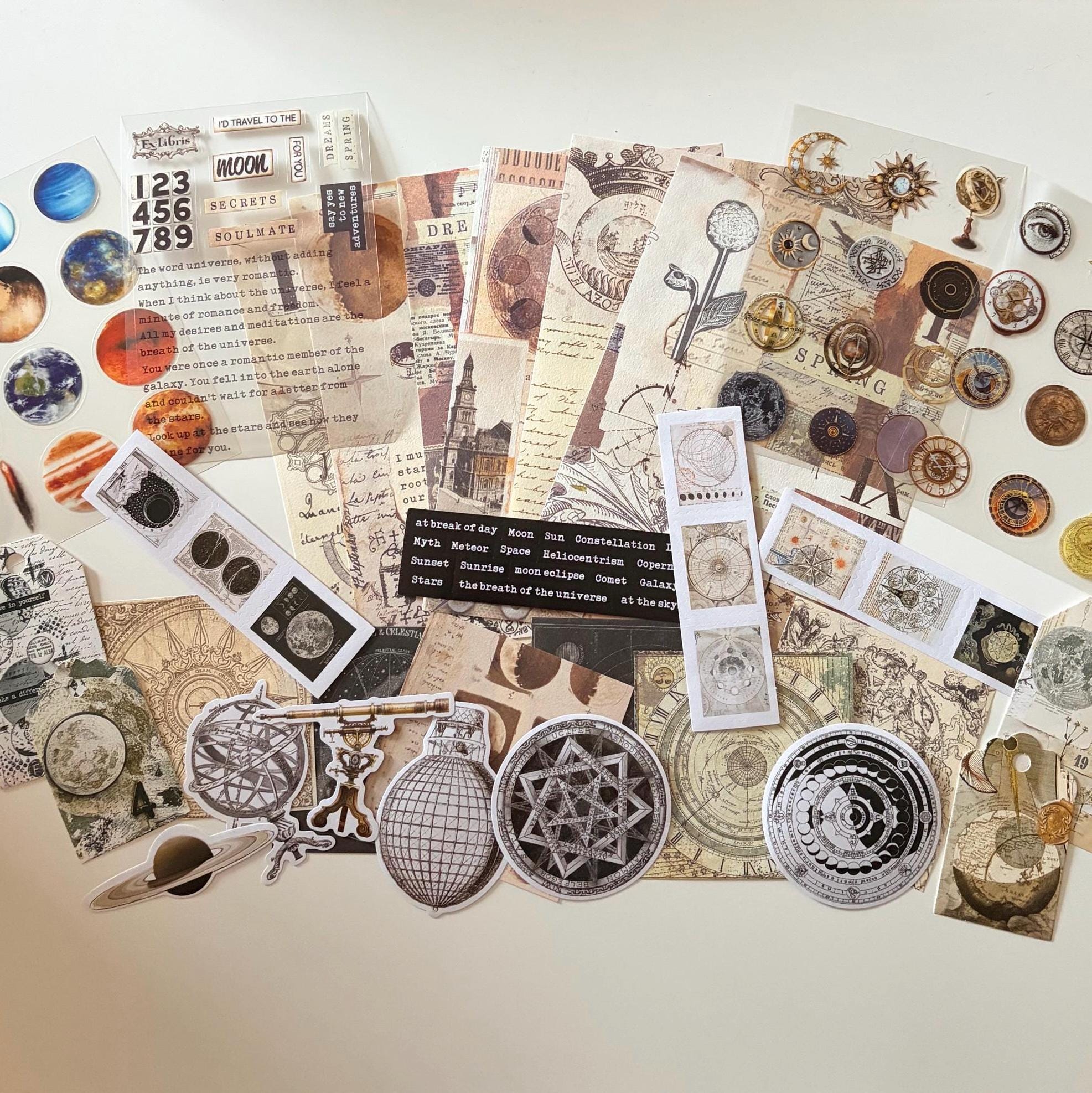 Dark Academia Space Themed Moon Witch Ephemera Vintage-Style Bundle Papers Stickers Journaling Supplies