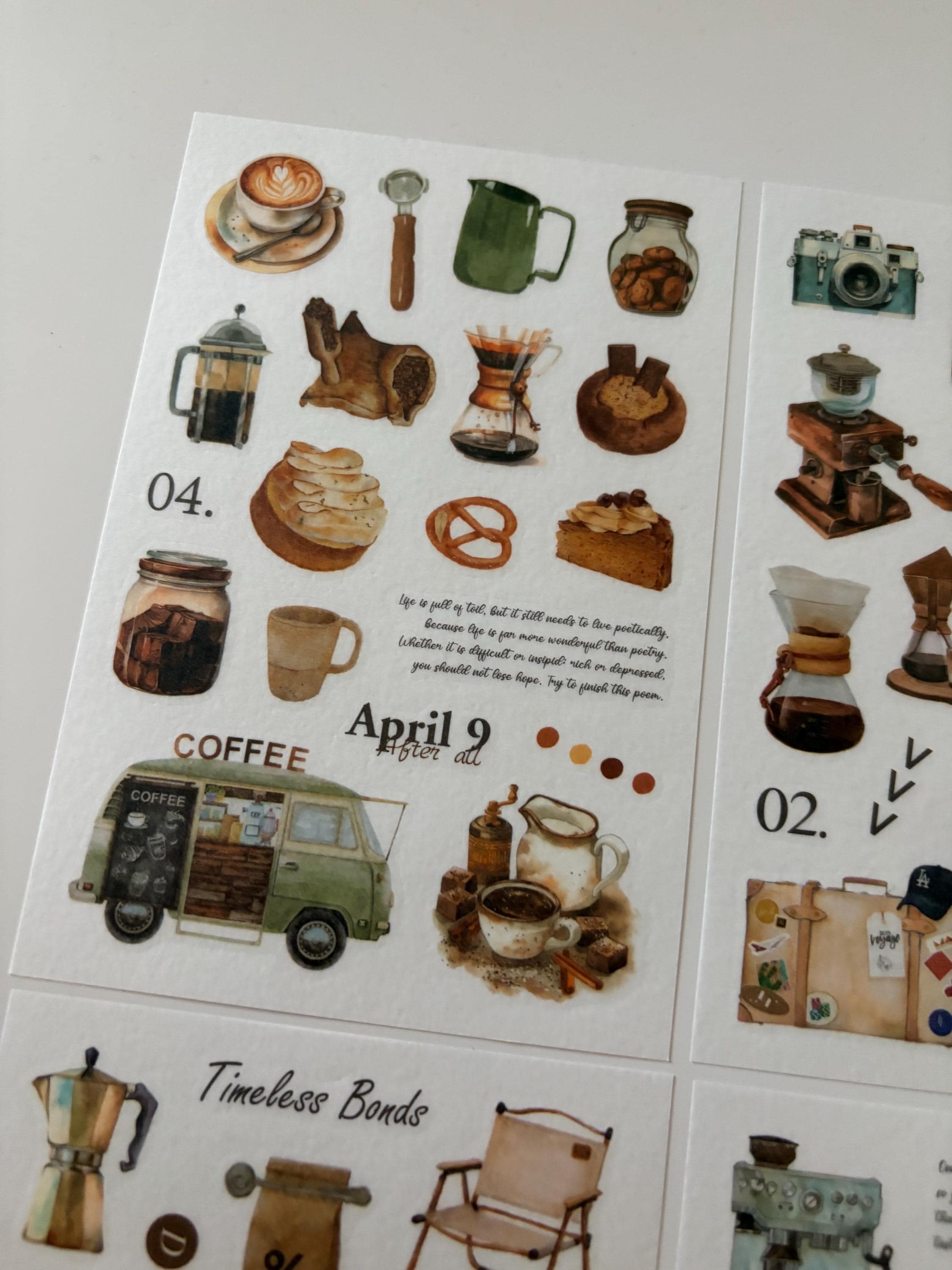 Coffee Washi Stickers - Dark Academia Journaling, Planner (Set of 4 Sheets)