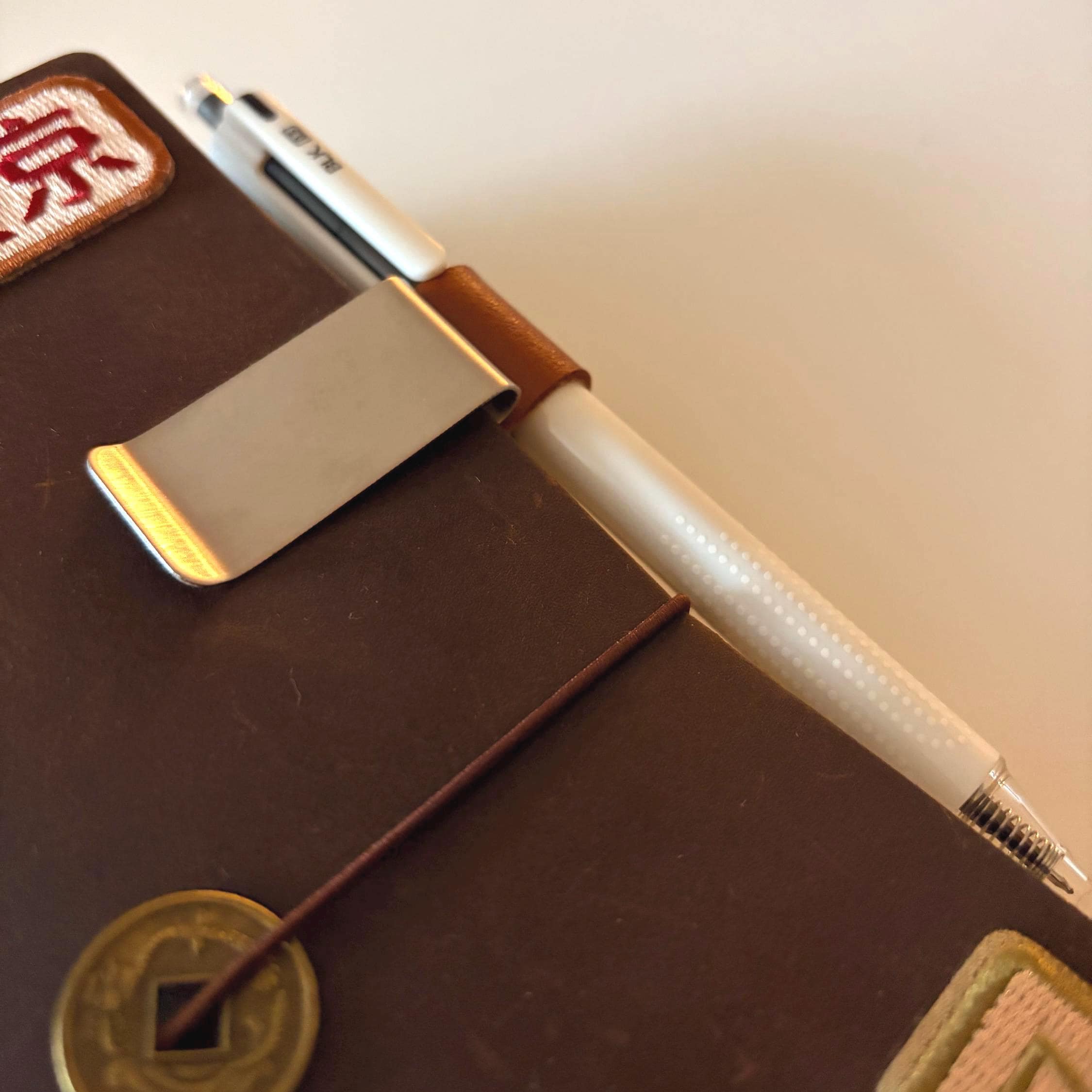 Brown Leather & Silver Metal Pen Clip | Premium Notebook & Planner Accessory