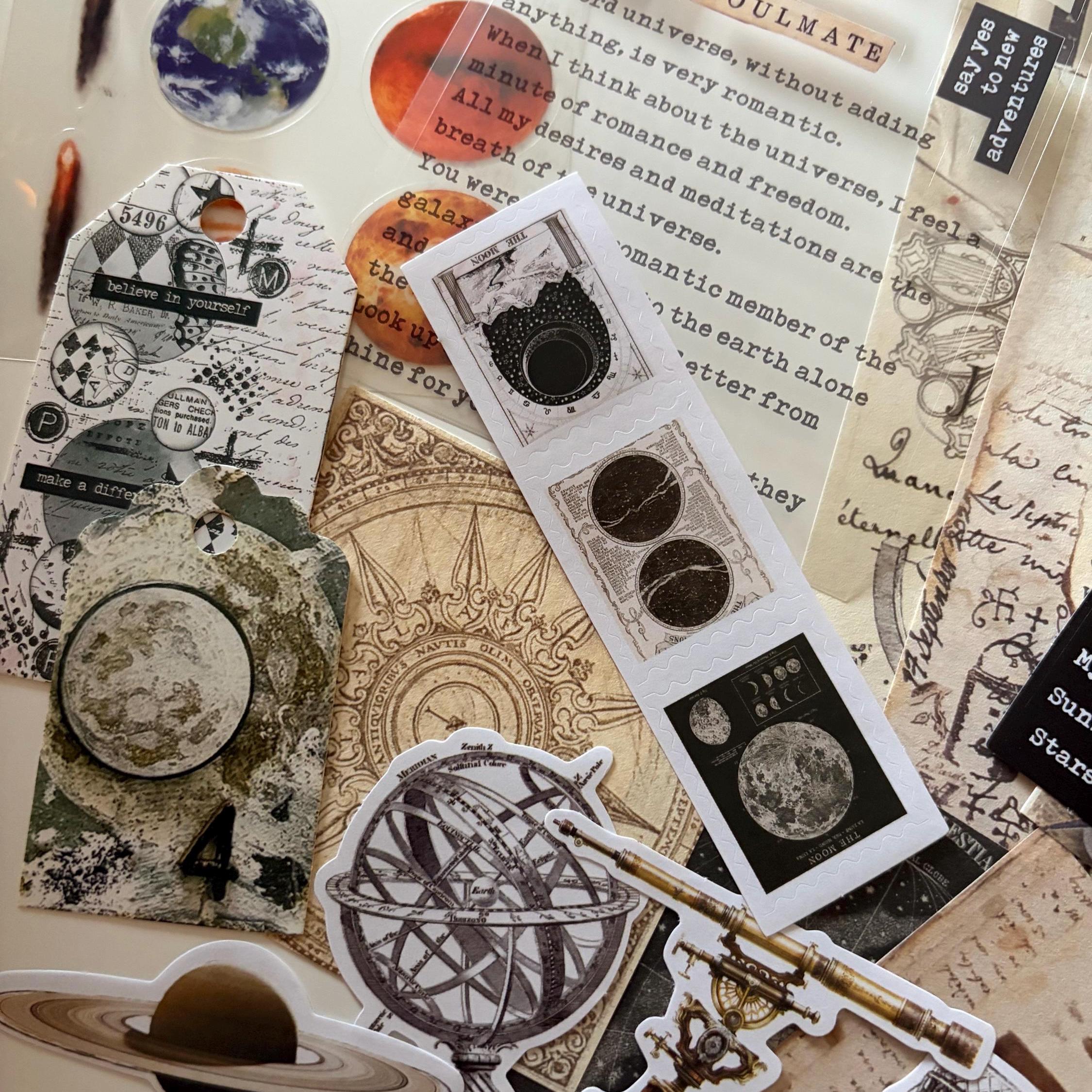Dark Academia Space Themed Moon Witch Ephemera Vintage-Style Bundle Papers Stickers Journaling Supplies