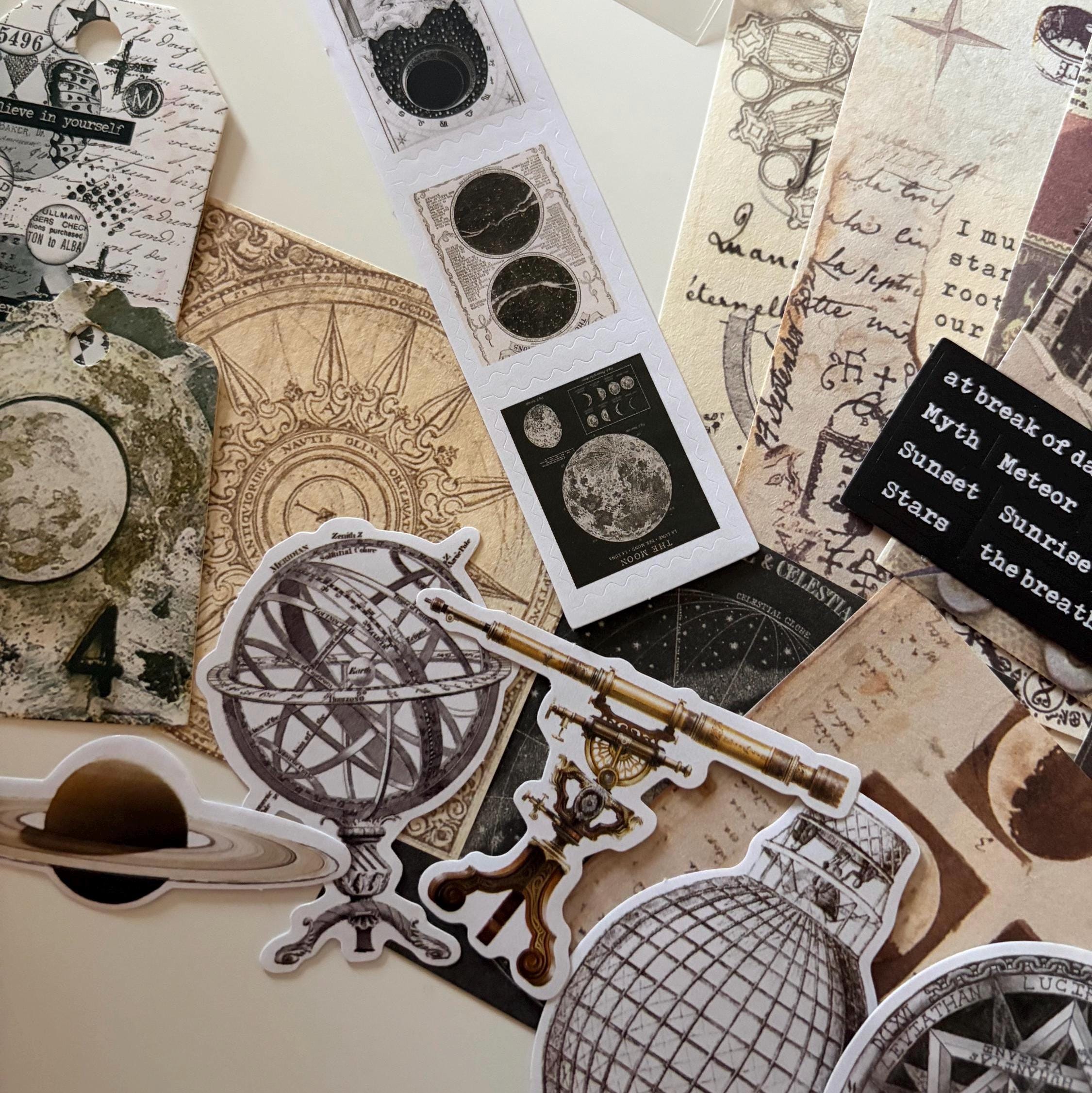 Dark Academia Space Themed Moon Witch Ephemera Vintage-Style Bundle Papers Stickers Journaling Supplies