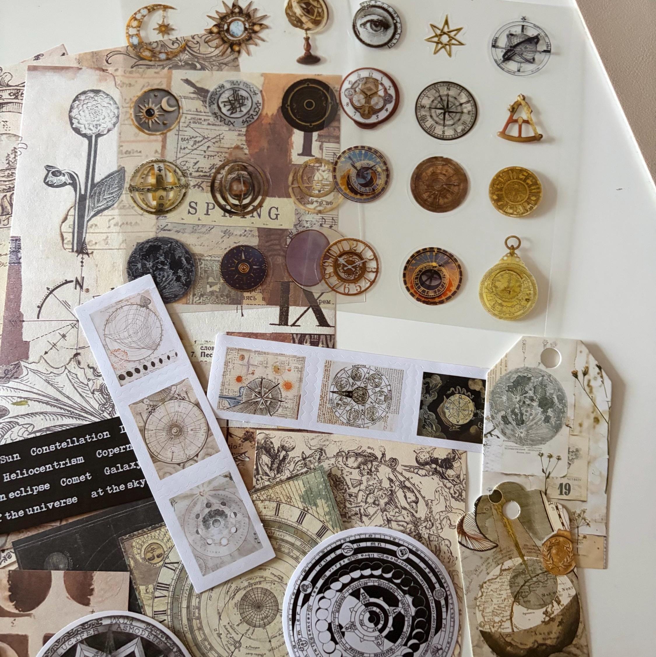 Dark Academia Space Themed Moon Witch Ephemera Vintage-Style Bundle Papers Stickers Journaling Supplies