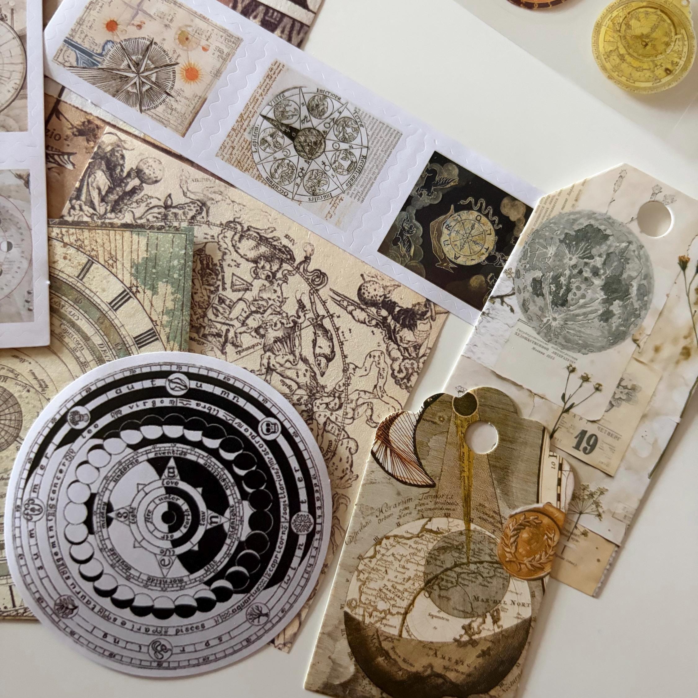 Dark Academia Space Themed Moon Witch Ephemera Vintage-Style Bundle Papers Stickers Journaling Supplies