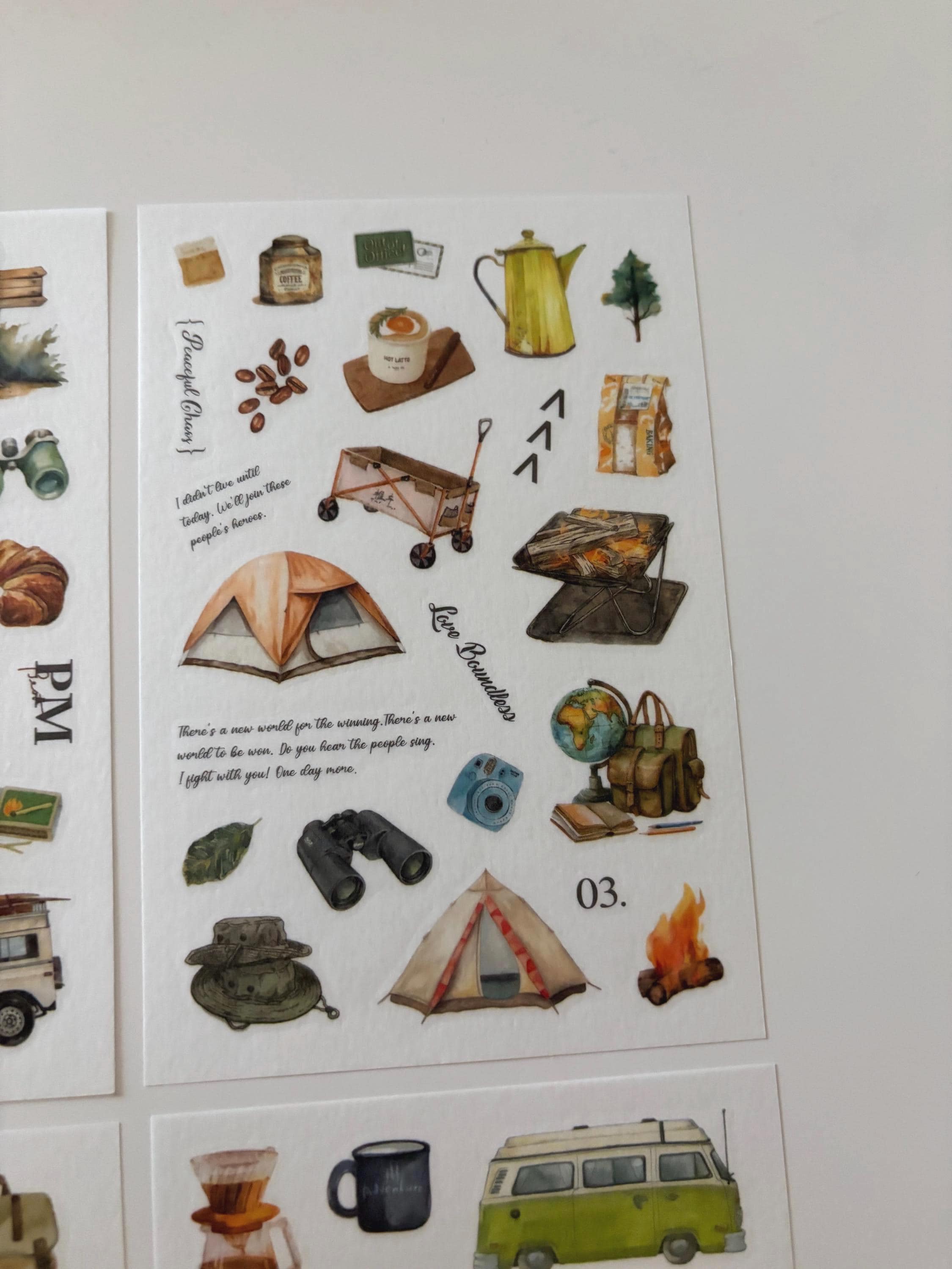 Cottagecore Camping Washi Stickers - Vintage Style Journaling, 4 Sheets
