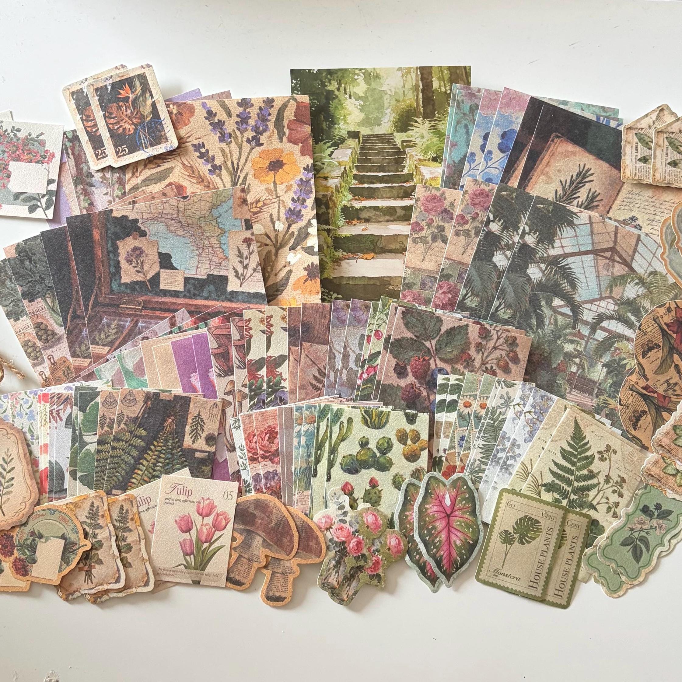 100pcs Green Academia Plant Ephemera | Vintage-Style Bundle Papers Stickers | Journaling Scrapbooking Supplies